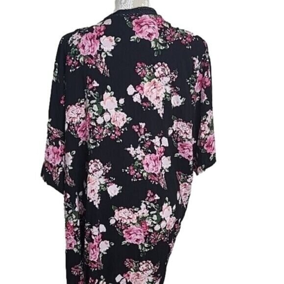 M Fasis Kimono Black Floral Short Sleeve Lace Trim Women's Large - Picture 3 of 5
